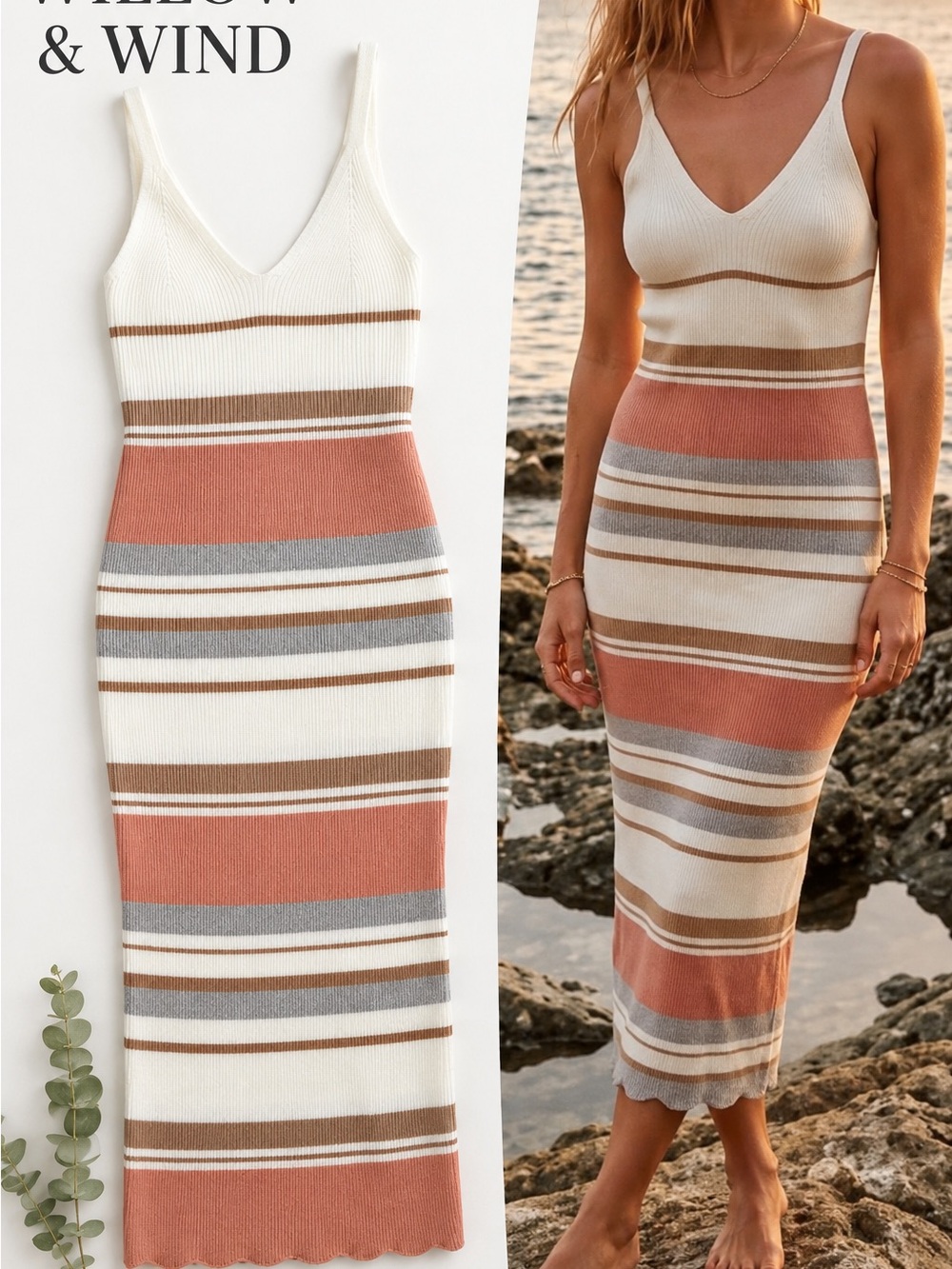 Willow & Wind Striped V-Neck Knit MIDI Dress in Cream, Terracotta & Gray NWOT